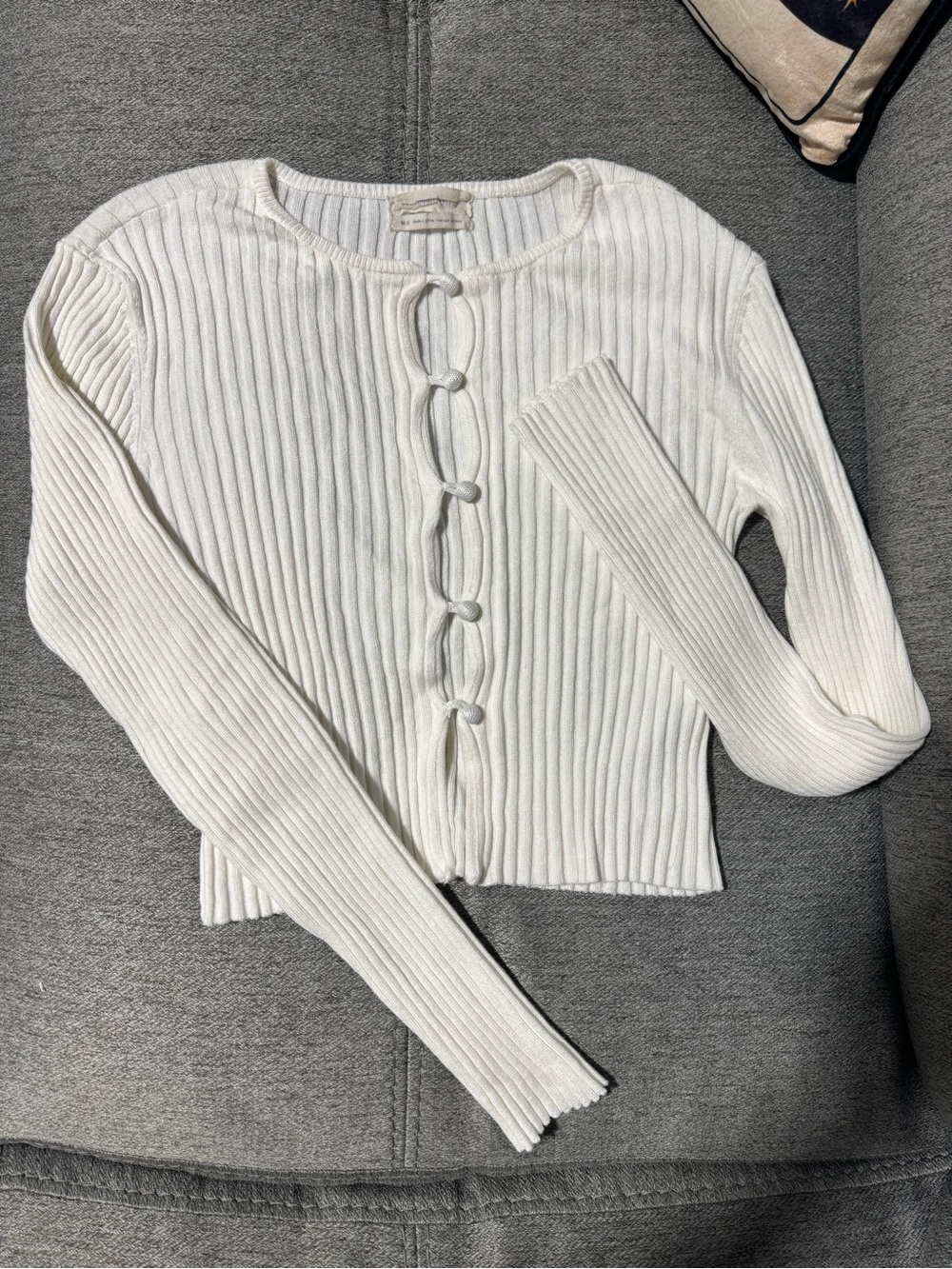 Urban Outfitters Cream Ribbed Button-Loop Knit Cardigan